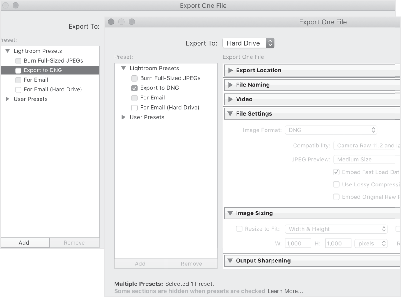 FIG. 10.3 Adobe Lightroom 中的导出对话框，它使用了预设概念的一种非传统变体。除了通过点击其名称（左侧）选择预设外，你还可以选中复选框（右侧）；这允许选择多个预设，从而允许将同一组照片导出多次，每次使用不同的设置。