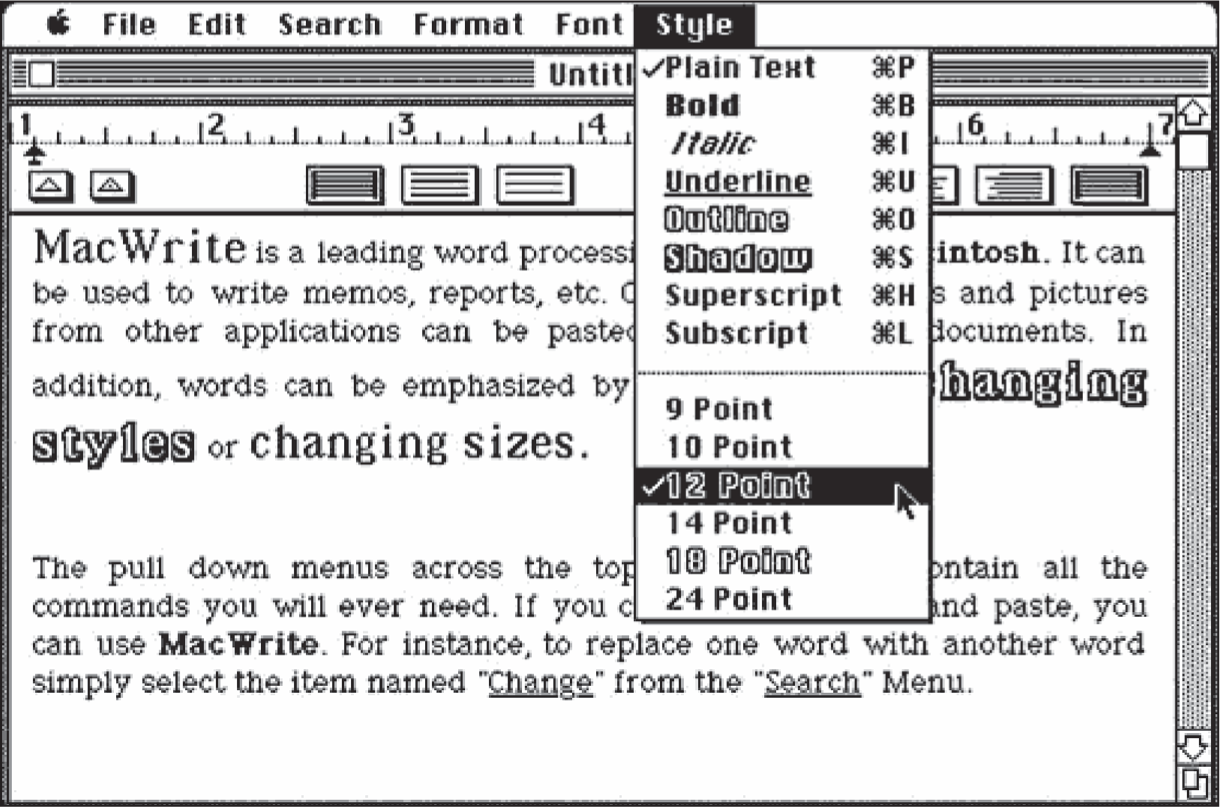 FIG. 11.1 The format toggle concept in the first versions of MacWrite (1984).