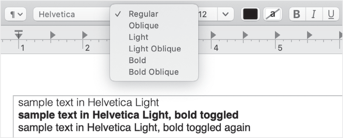 FIG. 11.2 Integrity violation example in TextEdit: bolding once (second line) turns the text from light to bold; bolding again (third line) leaves the text in regular, not light.