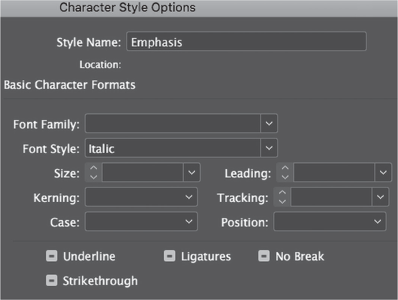 FIG. 11.3 The character style dialog in Adobe InDesign: formats are specified by selecting styles such as Italic and Bold, which undermines the value of partial styles.