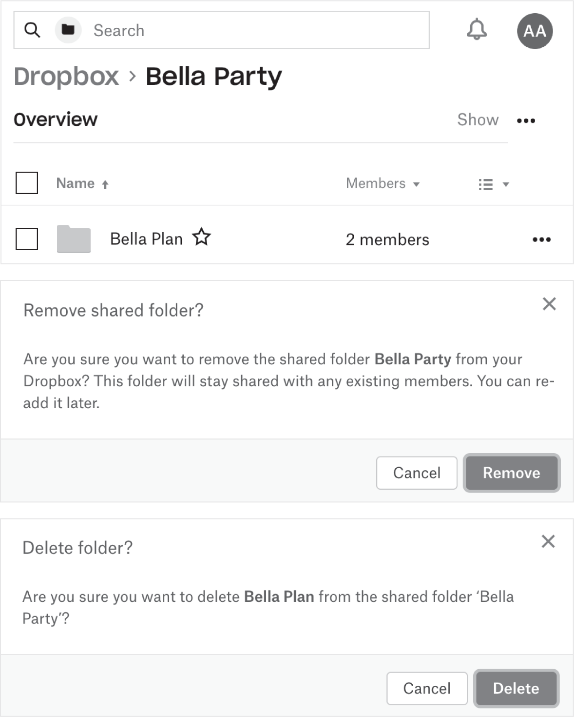 图 2.3 Dropbox的文件夹删除消息。文件夹Bella Party已被共享(顶部)。如果该文件夹被删除,消息(中部)通知您该删除操作不会传播给其他用户。如果包含在其中的文件夹Bella Plan被删除,会出现一条不同的消息(底部),令人惊讶的是没有警告其他用户也会丢失该文件夹。
