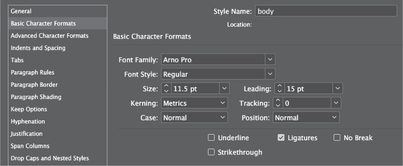 图 3.2 样式概念,在Adobe InDesign中,显示了名为“正文”的样式的格式设置的一个选项卡,这是本书中与常规段落关联的样式。