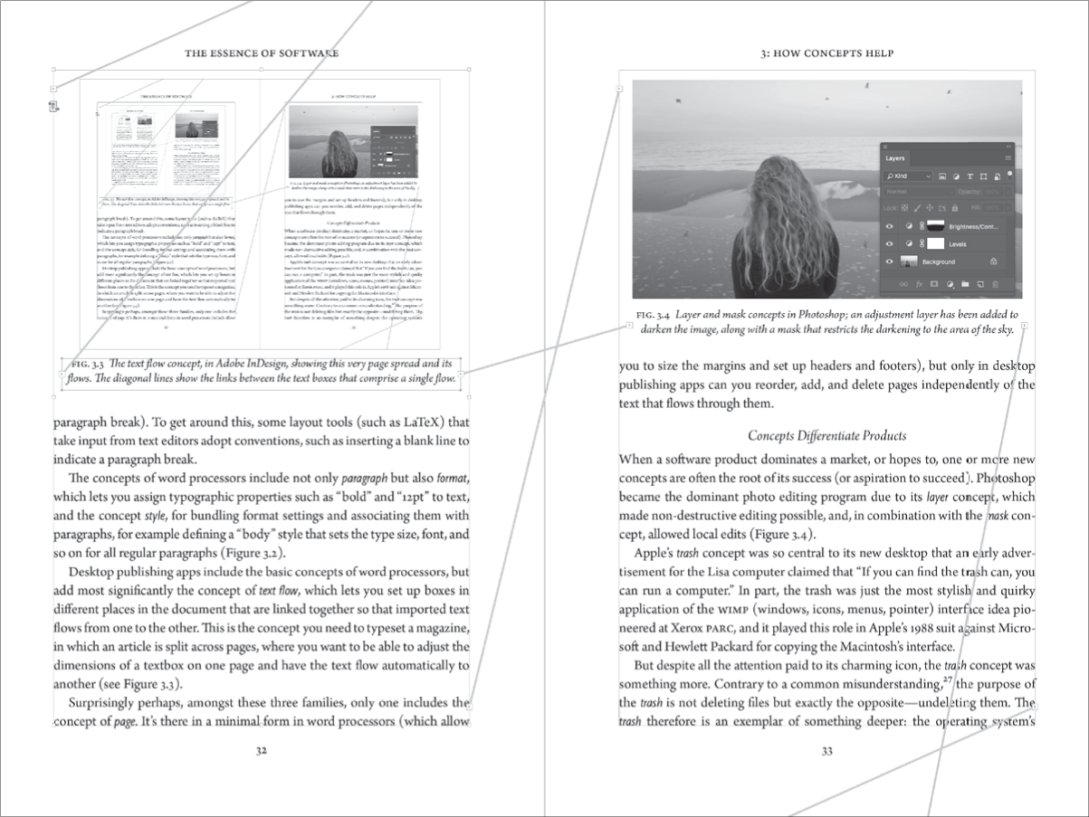 图 3.3 文本流概念,在Adobe InDesign中,展示了这个页面跨度及其文本流。对角线显示了组成单个流的文本框之间的链接。