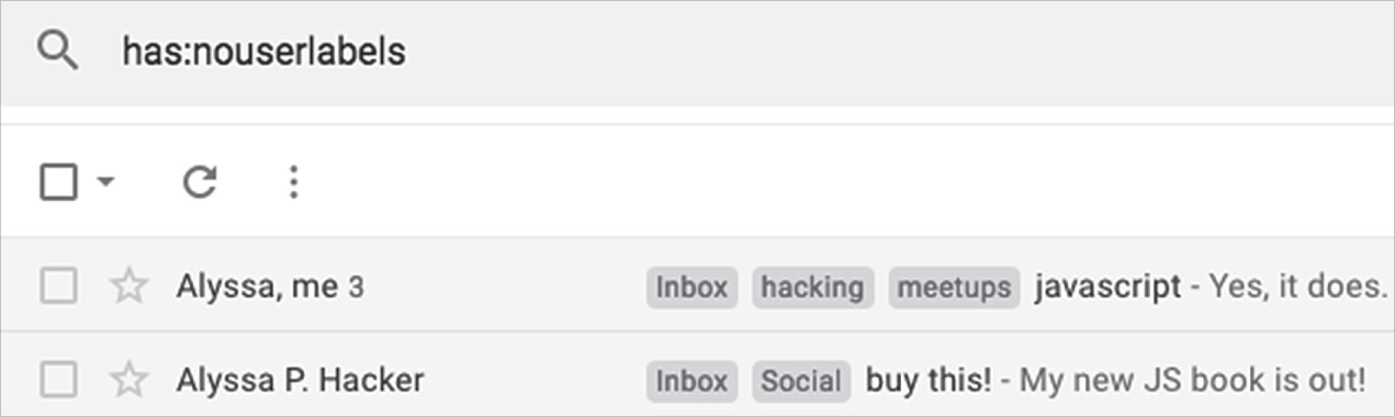 图 3.5 Gmail中的标签。我输入了一个搜索查询以显示没有用户自定义标签的邮件,但第一项似乎带有这样的标签(“hacking”和“meetups”)。解释是,Gmail显示包含满足查询的邮件的所有对话,以及附加在其邮件上的任何标签。因此,一个包含一封没有标签的邮件和另一封有标签的邮件的对话将出现在这个搜索结果中。