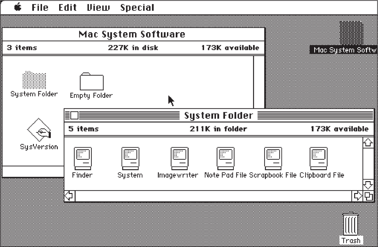 图4.1 原始的Macintosh桌面,右下角有垃圾桶 (1984年)。