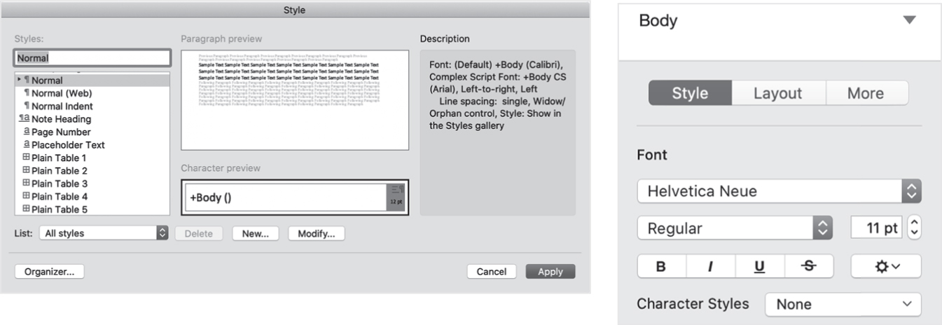 图4.3 Microsoft Word (左) 和 Apple Pages (右) 中的style (样式) 概念。