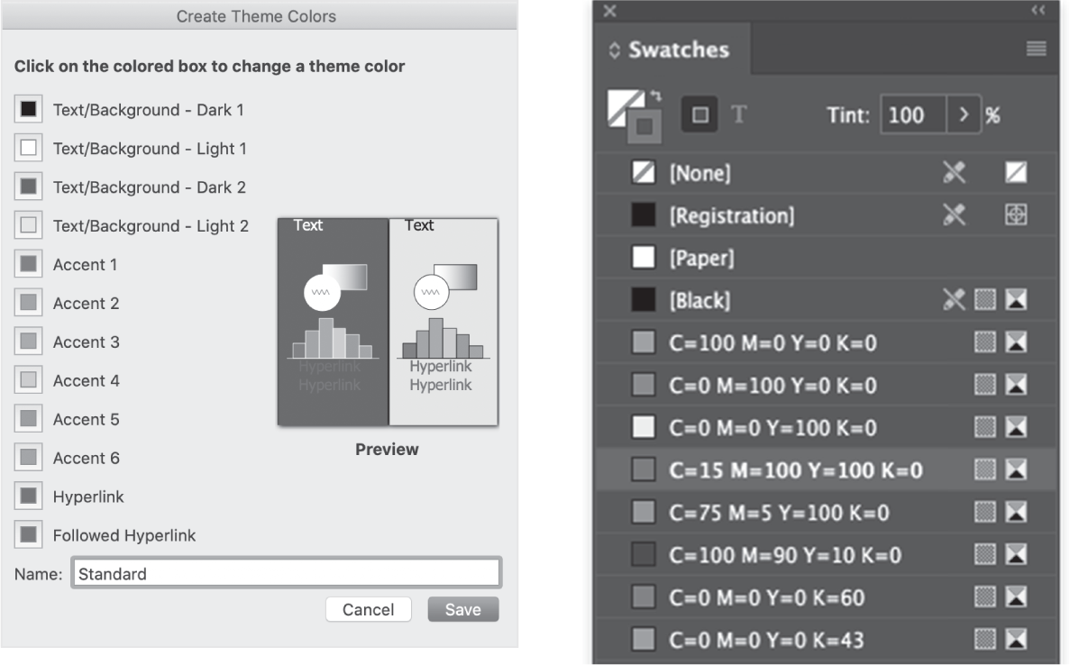 图4.5 应用于 Microsoft PowerPoint 幻灯片主题 (左) 和 Adobe 应用程序色板 (右) 的style概念。