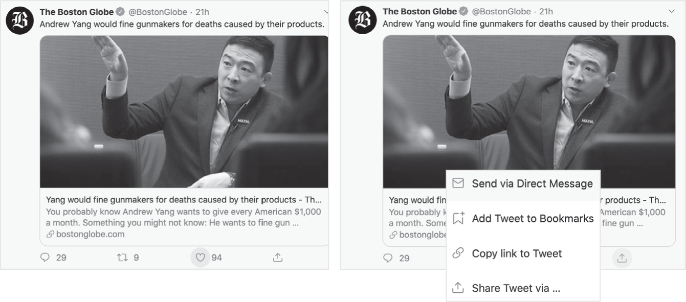 图 5.5 Twitter 对“favorite”概念问题的回应:一个通过分享菜单访问的新的“bookmark(书签)”概念(右侧),以及最初的被重命名为“like(喜欢)”且仍由心形图标表示的概念(左侧)。
