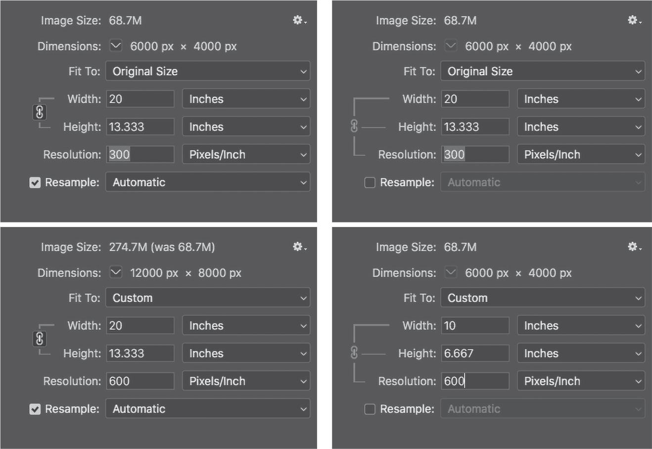 图 5.6 Photoshop 中的图像大小对话框。如果您选中重新采样框(左上角),并将分辨率从 300 更改为 600,则像素尺寸会加倍(左下角)。如果在未选中重新采样框的情况下更改分辨率(右上角),则像素尺寸保持不变,但宽度和高度减半(右下角)。