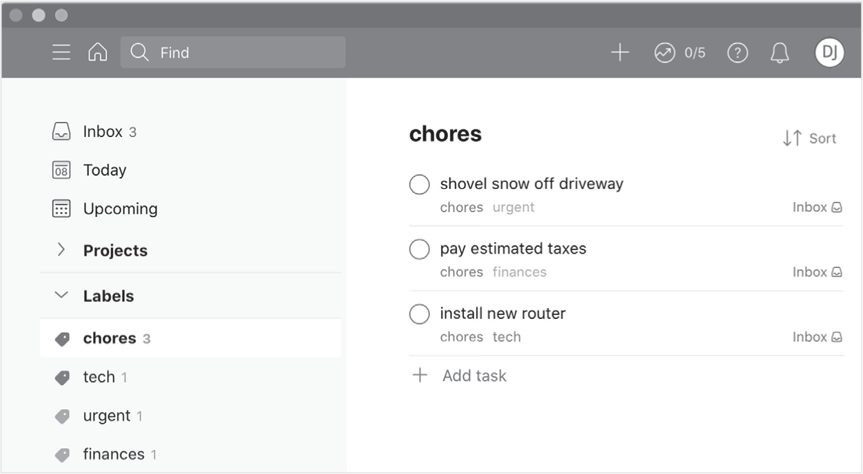 FIG. 6.1 A todo app showing the tasks carrying the label “chores.”