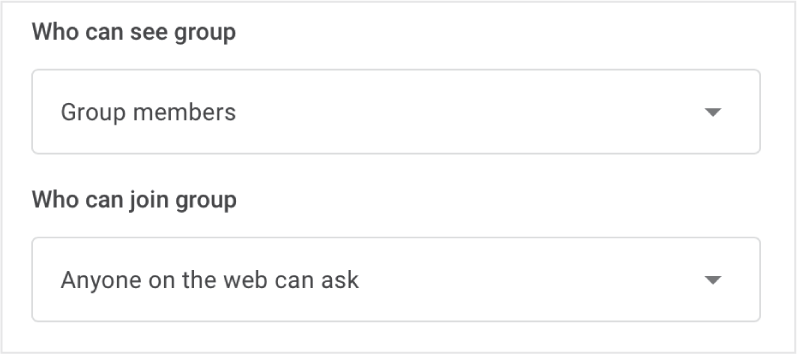 FIG. 6.11 A more recent version of Google Group permissions (February 2021), which helpfully consolidates the permissions for viewing into a single setting, and places it on the same page as the permissions for joining. Unfortunately the default is as shown, and asking to join requires being able to see the group.