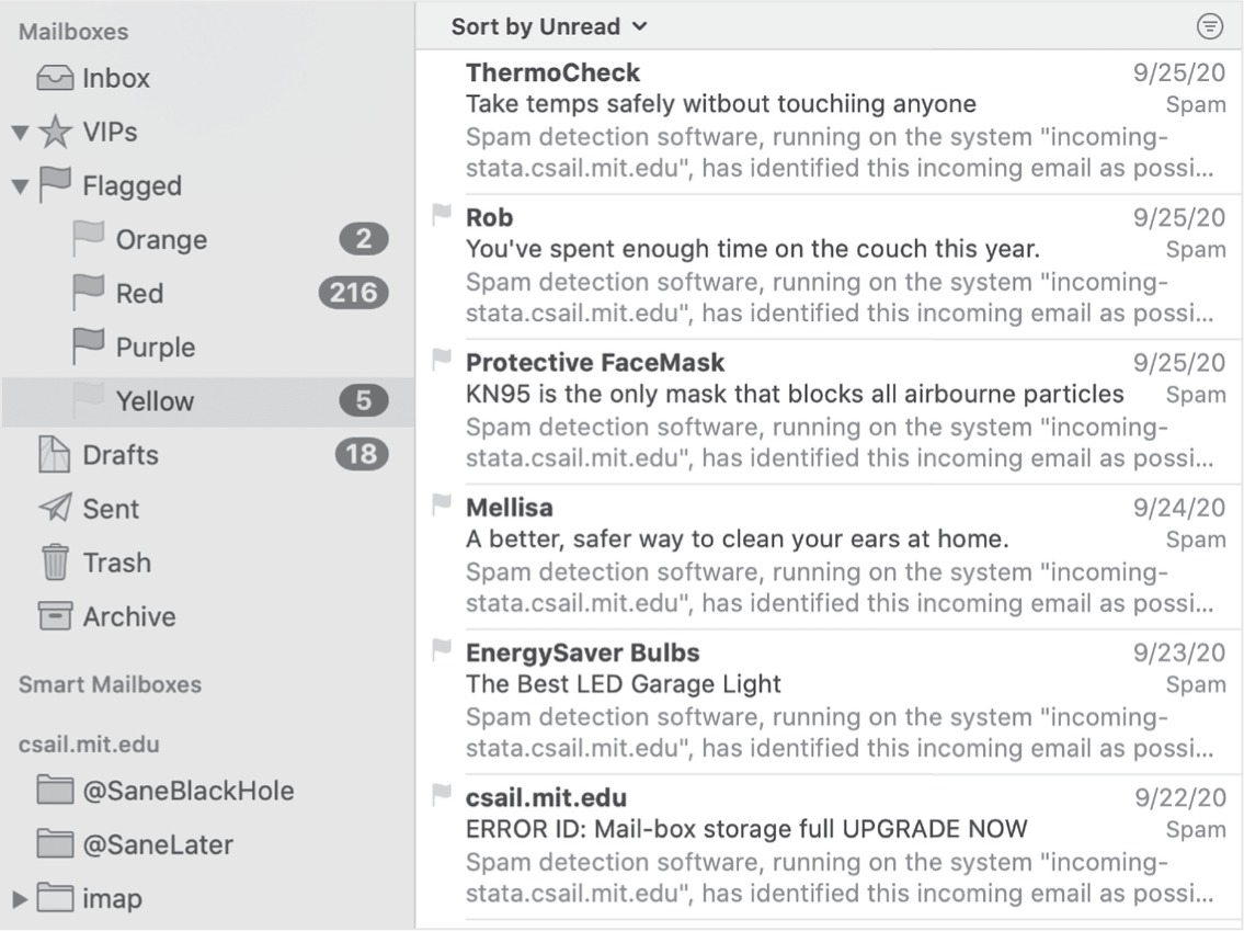 图 8.10 Apple Mail 中 flag 概念的巧妙映射:显示带有黄色标志的消息。第一条消息的标志已被移除,但该消息仍在列表中。