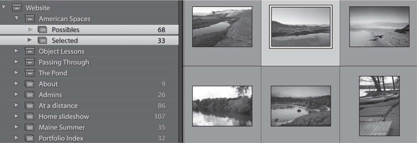 图 8.11 Adobe Lightroom 中 collection 概念的映射困境:在显示两个集合的情况下,选择要删除的照片并不能确定将其从哪个集合中删除。