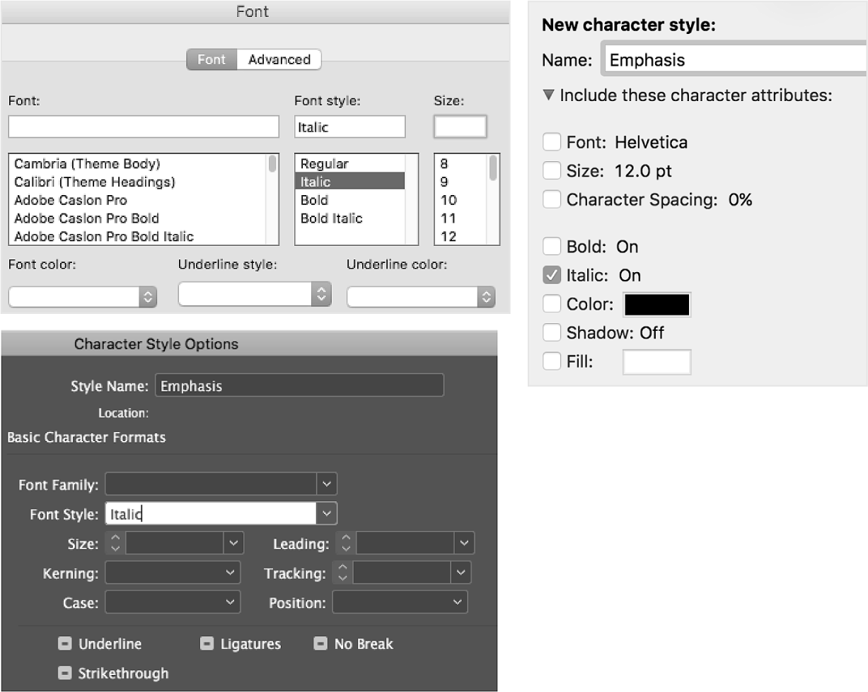 图 8.12 映射部分样式对话框中的“none(无)”值。最近版本的 Word 和 InDesign(左下角)使用了扩展小部件,例如下拉菜单(选中条目后可作为文本编辑);较早版本的 Word 对字体有单独的选择器,它会填充可编辑文本字段(左上角);Apple Pages 09(右侧)使用复选框。