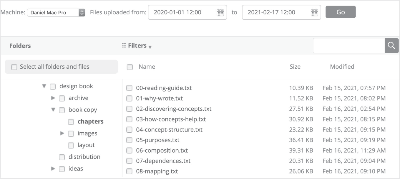 图 8.8 用于恢复文件的 Backblaze 对话框:from 和 to 日期会过滤显示哪些文件版本,这看似合理的映射。