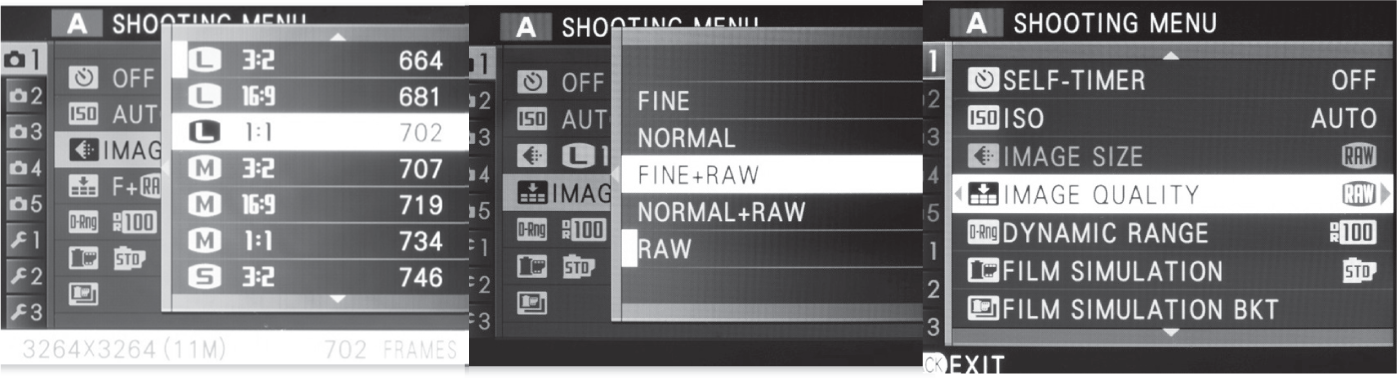 图 9.8 Fujifilm 相机中的搭便车：设置图像大小/宽高比（左）；设置图像质量（中）；选择“RAW”作为质量会使大小选项变灰，随之也失去了设置自定义比例的能力（右）。